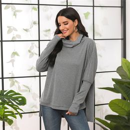 Women Autumn Winter Hoodies Solid Turtlenck Long Sleeve Irregular Pullover Tops Female Casual Loose Grey Black Long Sweatshirts 210507