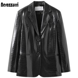 Nerazzurri Spring black reflective print leather blazer jacket for women long sleeve Soft faux leather blazer 211007