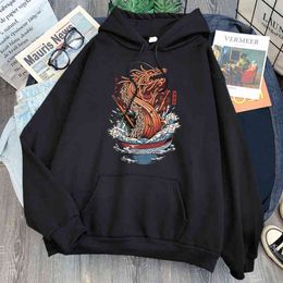 Japan Ukiyoe Ramen Dragon Print Hoodies Man Casual Loose Hip Hop Streetwear Hooded Winter Autumn Hip Hop Fleece Sweatshirt Hoody H1227