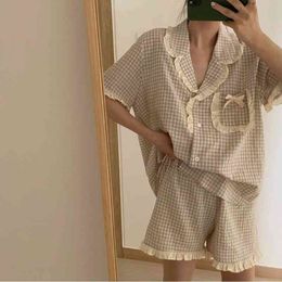 Korean Style Home Suit Pyjamas with Shorts Ruffle Plaid Summer Clothes for Women Cute Underwear Set Kawaii Pijamas Mujer 2021 X0526