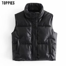 Toppies Black Pu Leather Vest Woman Jacket Coat Autumn Winter Outwear Puffer Vest Female 210817
