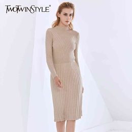 TWOTWINSTYLE Knitting Slim Dress For Women Turtleneck Long Sleeve High Waist Solid Minimalist Dresses Female Fashion Autumn 210517