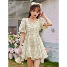 French square collar floral puff sleeve waist dress women summer Korean fashion women's clothing 210520