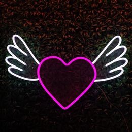 White Winged Pink Heart Sign Bar KTV Webcast Background wall decoration led neon light 12 V Super Bright