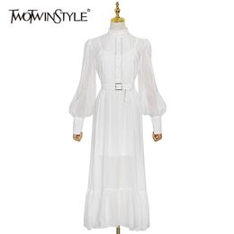 Elegant White Dress For Women Stand Collar Lantern Sleeve High Waist Sashes Midi Dresses Female Fashion Clothes 210520