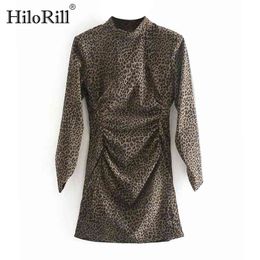Women Leopard Mini Dress Retro Stand Neck A Line Pleated Long Sleeve Chic Autumn Spring Vestido De Mujer 210508