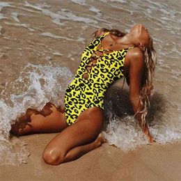 women one piece swimsuit sexy leopard print swimwear push up bathing suits bandage cross female beachwear backless Bodysuit 210407