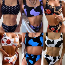 2021 New Cow Print High Waist Bikinis Swimwear Women High Leg Bikini Set Swimsuits Spring Summer Female Swimming Suit BeachwearX0523