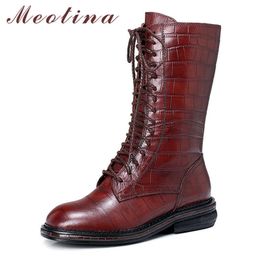Meotina Winter Mid Calf Boots Women Natural Genuine Leather Thick Heels Boots Sheepskin Zipper Round Toe Shoes Lady Fall Size 40 210608