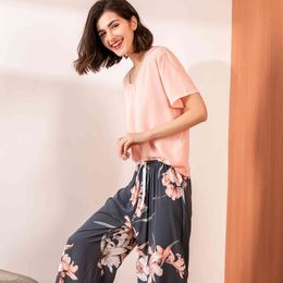 Summer Women Comfortable Viscose Contrasting Colour Pyjamas Short Sleeve Tops with Long Trousers Ladies Pj Set