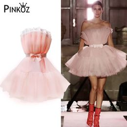 runway designer Kendall celebrity style pink mesh slash neck party sweet cute mini A-line Ball Gown dress women vestidos 210421