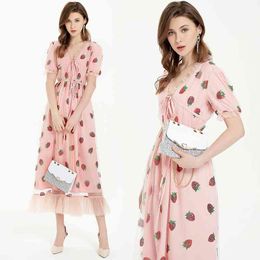 Sexy V-Neck Belt Strawberry stamping Short Sleeve Party Mid-Length Dress Net Yarn Summer Women'S Clothing 980C 210420