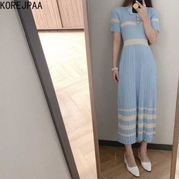 Korejpaa Women Dress Summer Temperament Gentle Lapel Pit Strip Design Colour Matching Slimming Short-Sleeved Knit Vestidos 210526