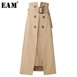 [EAM] High Waist Brown Bandage Asymmetrical Pleated Temperament Half-body Skirt Women Fashion Spring Autumn 1S4 210721