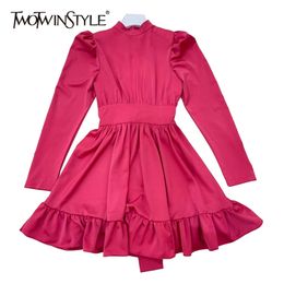 Minimalist Temperament Dress For Women Stand Collar Long Sleeve High Waist Mini Dresses Female Fashion Clothes 210520