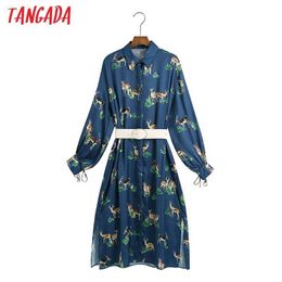 Tangada Spring Fashion Women Animal Print Shirt Dress with Belt Long Sleeve Elegant Ladies Midi Dress 6Z63 210609