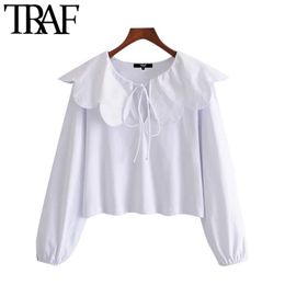 TRAF Women Sweet Fashion With Tied Loose White Blouses Vintage Long Sleeve Patchwork Female Shirts Blusas Chic Tops 210415