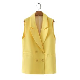 BBWM Women Fashion Sleeveless Yellow Vest Jacket Office Ladies Business Casual Suits WaistCoat Pockets Outwear Tops 210520