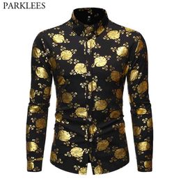 Men's Nightclub Shiny Gold 3D Floral Printed Slim Fit Button Down Party Dress Shirts Luxury Design Long Sleeve Men Stylish Shirt 210522