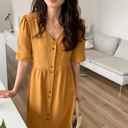 French gentle temperament V-neck single-breasted loose and thin lace-up dress three colors woman 210429
