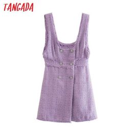Tangada Autumn winter women elegant purple tweed dress sleeveless office ladies mini dress 3H709 210609