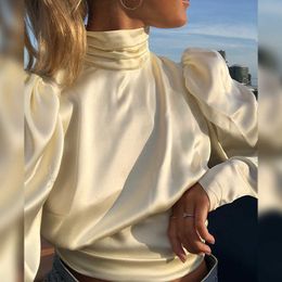 Elegant Turleneck Satin Slik Blouse Women Shirt Backless Women Blouse Long Sleeve Bow Tie Womens Tops and Blouses blusa feminina V277D