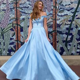 Blue Off Shoulder Long Evening Dresses with 3D Flowers Beaded Sweep Train Satin Formal Prom Party Gowns Plus Size