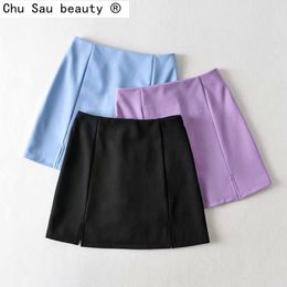 summer suit solid Colour bilateral slit high waist bag hip skirts slim slimming mini for women 210514