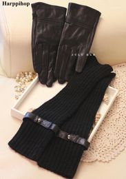 Genuine Leather Gloves Sheepskin Female Cashmere Long Black Coffee1