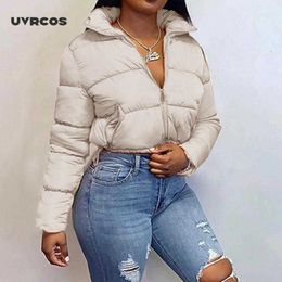 Puffer Jacket Cropped Parka Bubble Coat Winter Women Fashion Clothing Outwear Long Sleeve Zip Thick Down 210712