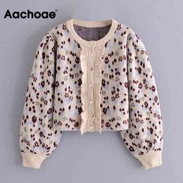 Aachoae Sweet Women Knitted Cropped Cardigan Printed O Neck Ruffles Chic Sweater Lantern Long Sleeve Casual Outerwear Tops 210413