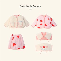 Autumn Winter Girls' Double-Sided Jacket Korean Version Pink Heart-Shaped Plush Middle Small Kids Coat Decorative Collar 211204