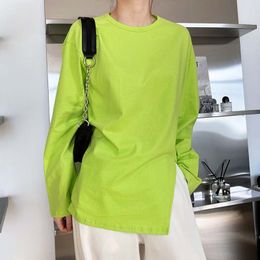 Women Black Casual Big Size Asymmetrical Split T-shirt Round Neck Long Sleeve Fashion Spring Autumn 2F0496 210510