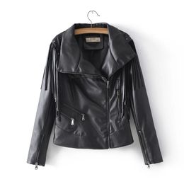 vintage tassel ladies short jacket spring black loose women PU coats fahion female leather moto style girls 210427