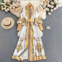 Women Court Fashion Lapel Long Sleeve Retro Printing Vintage A-line Dress Single Breasted Elegant Korean Vestidos S257 210527