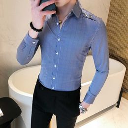 Spring British Style Men's Long Sleeve Shirt Casual Slim Striped Shirts Embroidered Mens Formal Business Shirts Camisa Masculina 210527