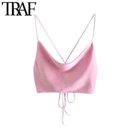 TRAF Women Sexy Fashion With Tied Soft Touch Cropped Tank Tops Vintage Backless Cross Thin Straps Female Camis Mujer 210415