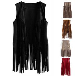 Women Faux Suede Ethnic Sleeveless Jacket Long Fringe Tassels 70s Hippie Open Front Cardigan Vintage Waistcoat Vest Top 211008