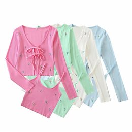 Elegant women knitted blouse sets fashion ladies floral embroidery tops set female streetwear bow cardigan girls chic shirt 210401