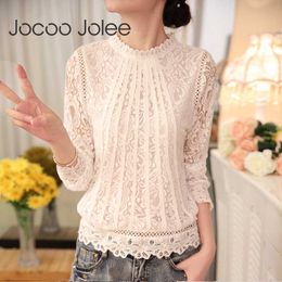 Jocoo Jolee Sexy Women Lace Blouse Shirts Long Sleeve Chiffon Lace Crochet Tops Ladies White Blusas Clothing Feminine Blouse 210619