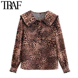 TRAF Women Fashion With Lace Leopard Print Blouses Vintage Long Sleeve Button-up Female Shirts Blusas Chic Tops 210415