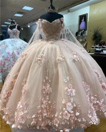 Fabulous Pink Quinceanera Dresses Cinderella With Wraps Floral 3D Flowers Applique Pearls Lace-up Ball Gown Sweet 16 15 Girl