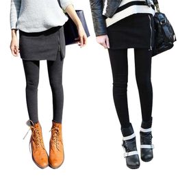 Plush Thickened Autumn And Spring Women Leggings Skirt Wear Fake Two-Piece Cotton Zipper Wrap Hip Winter Legging 210925