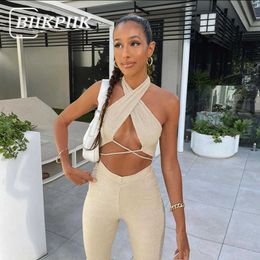 BIIKPIIKWomen Solid Hollow Out Elegnat Two Piece Sets Halter Knitting Female Suits Casual Lounge Wear Basic Matching Set Outifit Y0702