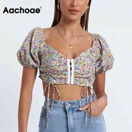 Stylish Women V Neck Summer Crop Top Vintage Floral Print Bow Tie Blouse Female Puff Short Sleeve Sequined Buttons Tops 210413