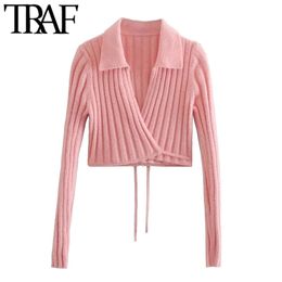 TRAF Women Fashion With Tied Wrap Cropped Knitted Cardigan Sweater Vintage Long Sleeve Female Outerwear Chic Tops 210918