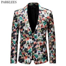 Stylish Fruit Print Party Blazer Men Brand Slim Fit 1 Button Notched Lapel Blazers Mens Club Casual Hawaiian Blazer Hombre 210522