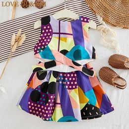 LOVE DD&MM Girls Sets Summer Children's Clothing Girls Fashion Cotton Linen Graffiti Waist Vest Top + Sweet Skirt Suit 210715