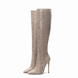 Boots Snakeskin Knee High Women Embossing Thin Heel Winter Shoes For Fur Big Size 45 Sexy Spring Autumn Riding