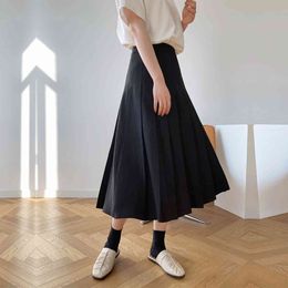 Women's Summer Retro Big Pleated Umbrella Long Skirt For Ladies High Waist Solid Colour Casual Chic Skirts Fashionable 210520